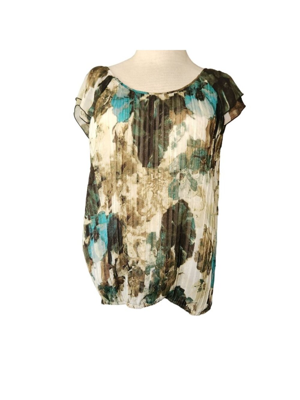 Sheer Pleated Floral Blouse with Ruffle Sleeves & Elastic Hem Multicolor